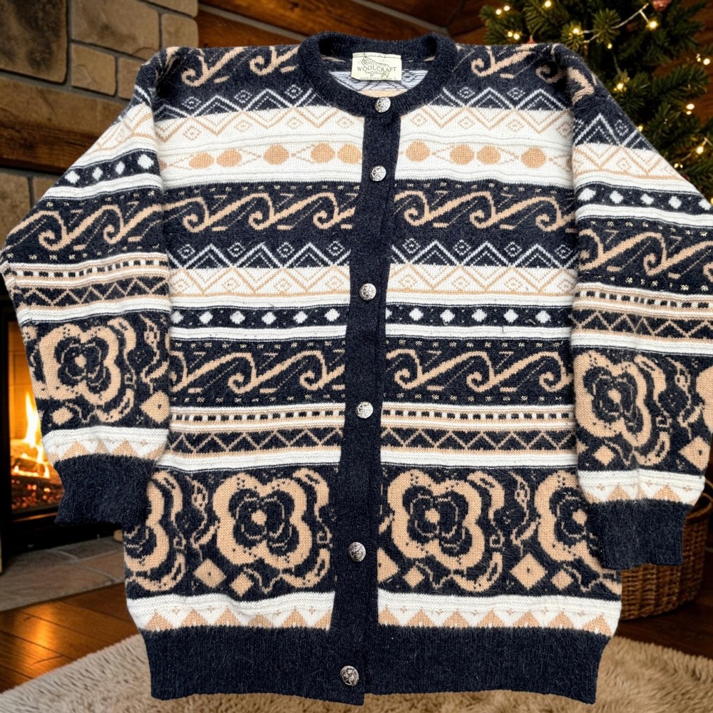Woolcraft New Zealand Fair Isle Angora Lambswool Cardigan Sweater Womens Large